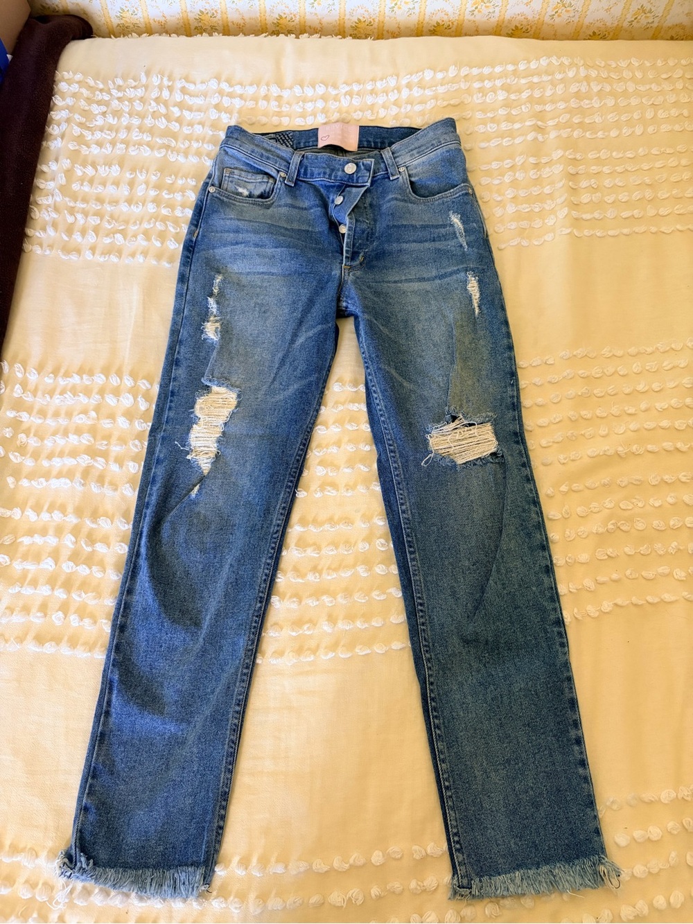 REVICE Medium Blue Distressed Straight-Leg Jeans with Frayed Hem
